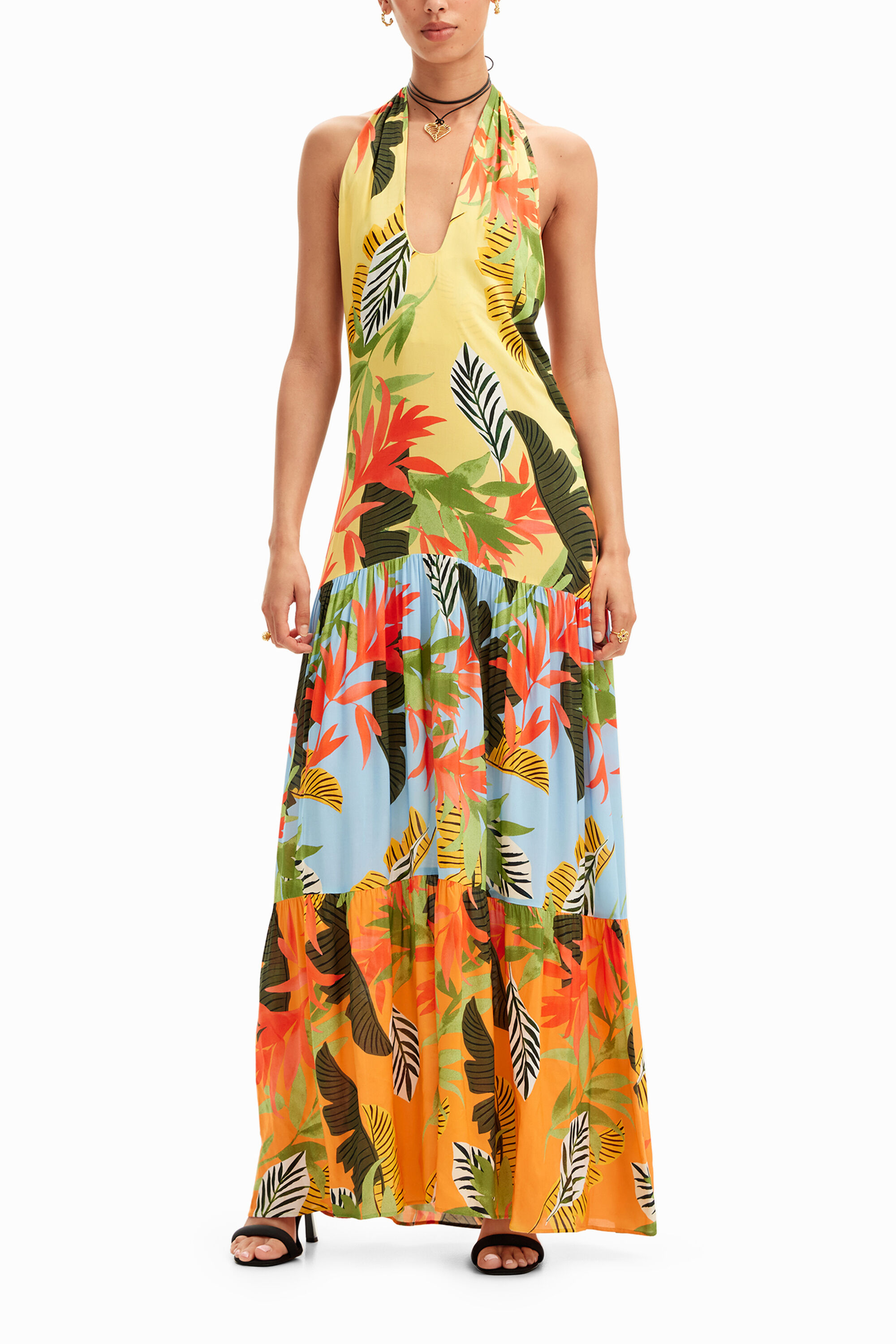 Shop Desigual Tropical Halter Neck Maxi Dress In Material Finishes