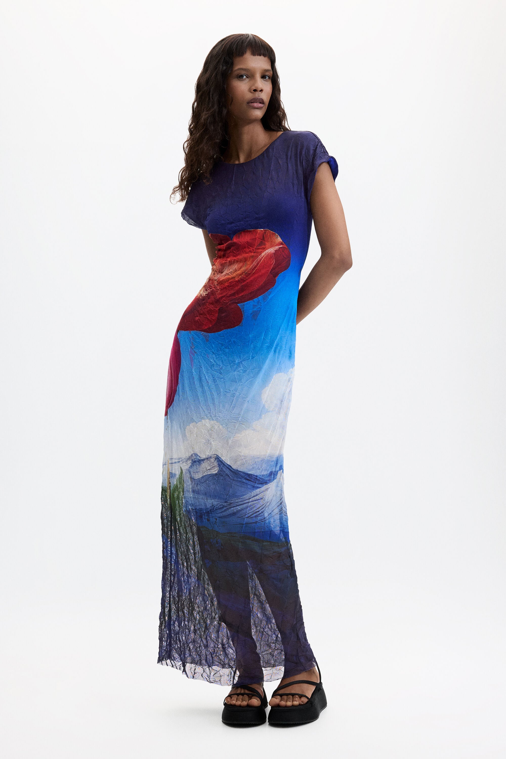 Desigual, Vestido Manga Corta Estampado, Poliester, Azul