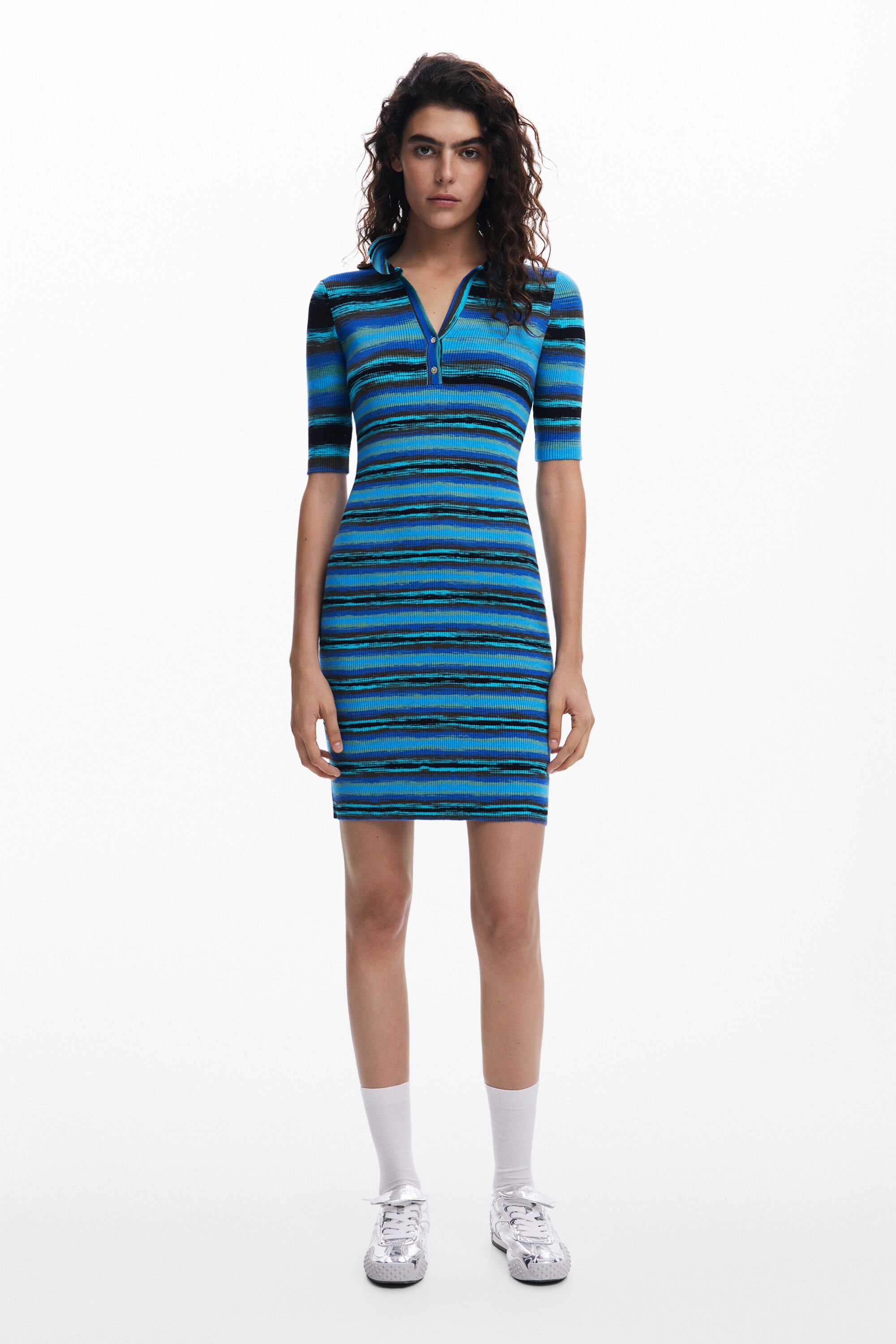 Desigual Variegated Stripe Short Sleeve Sweater Dress In Blue