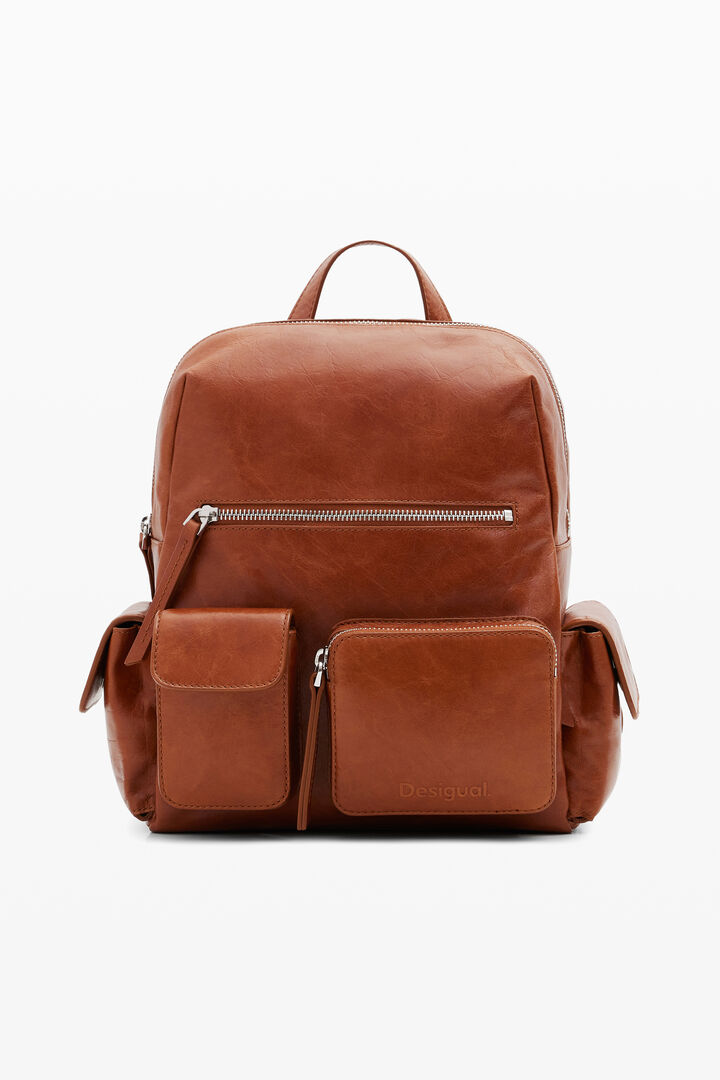 Multi-pocket leather backpack