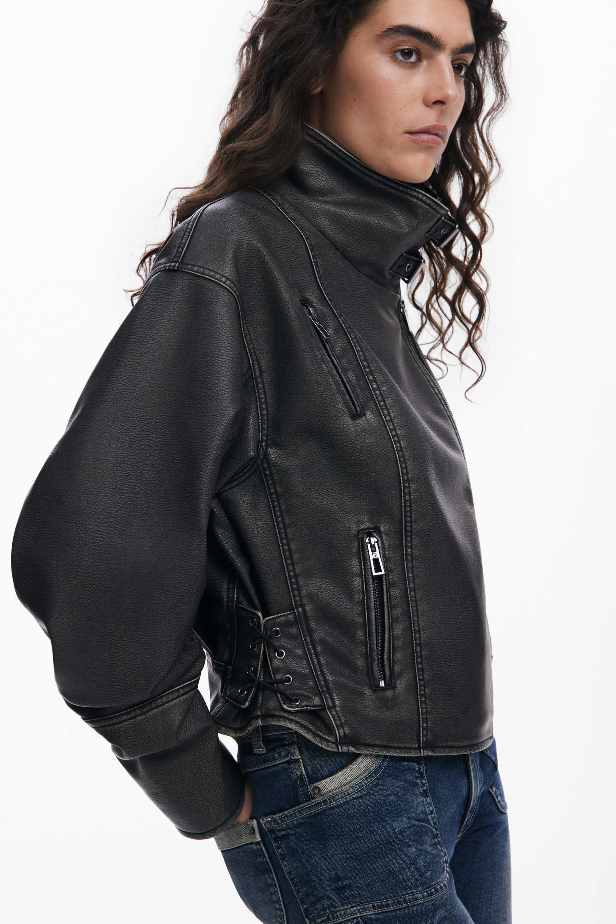 Oversized leather-effect biker jacket Women's I Desigual.com Oversized leather-effect biker jacket Women's I Desigual.com