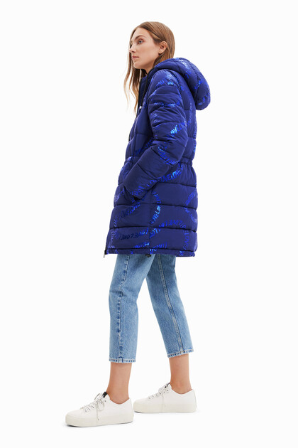 Padded long coat with text