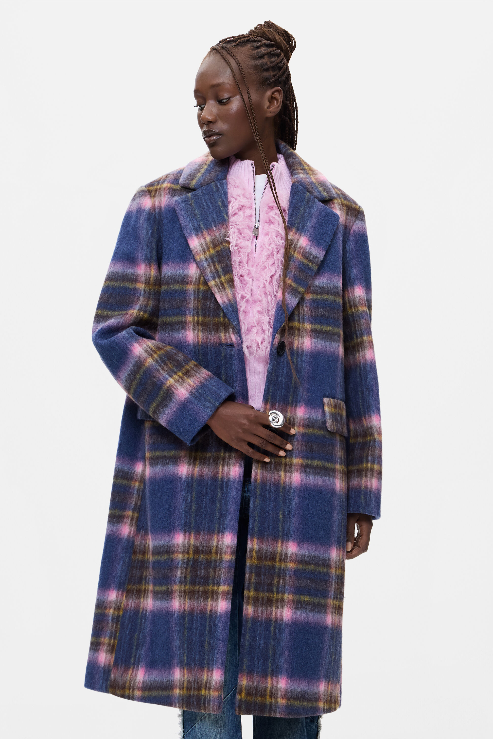 Long Checked Coat with wool blue Women's I Desigual.com