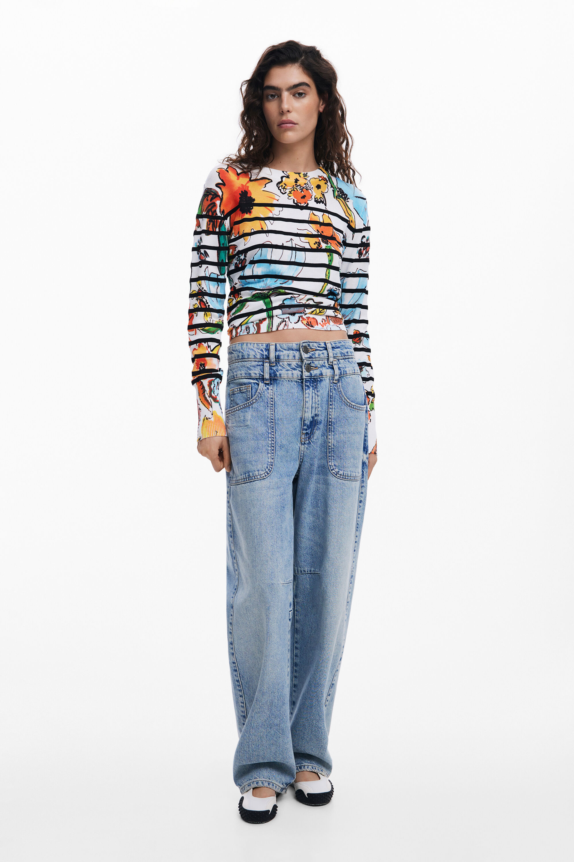 Desigual Stripe Floral Sweater In White