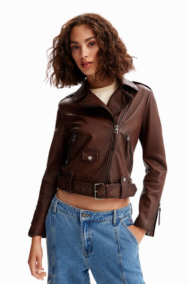 Chaqueta biker piel cinturón | Desigual