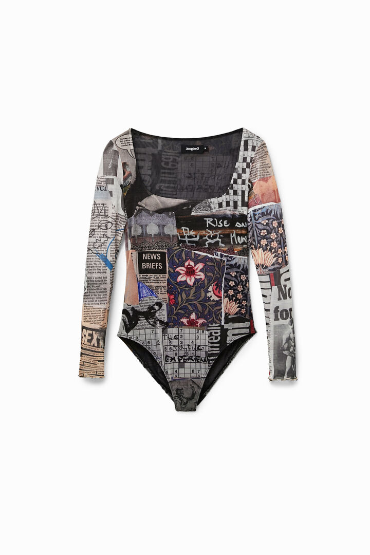 Újságpapír mintás tüll body | Desigual