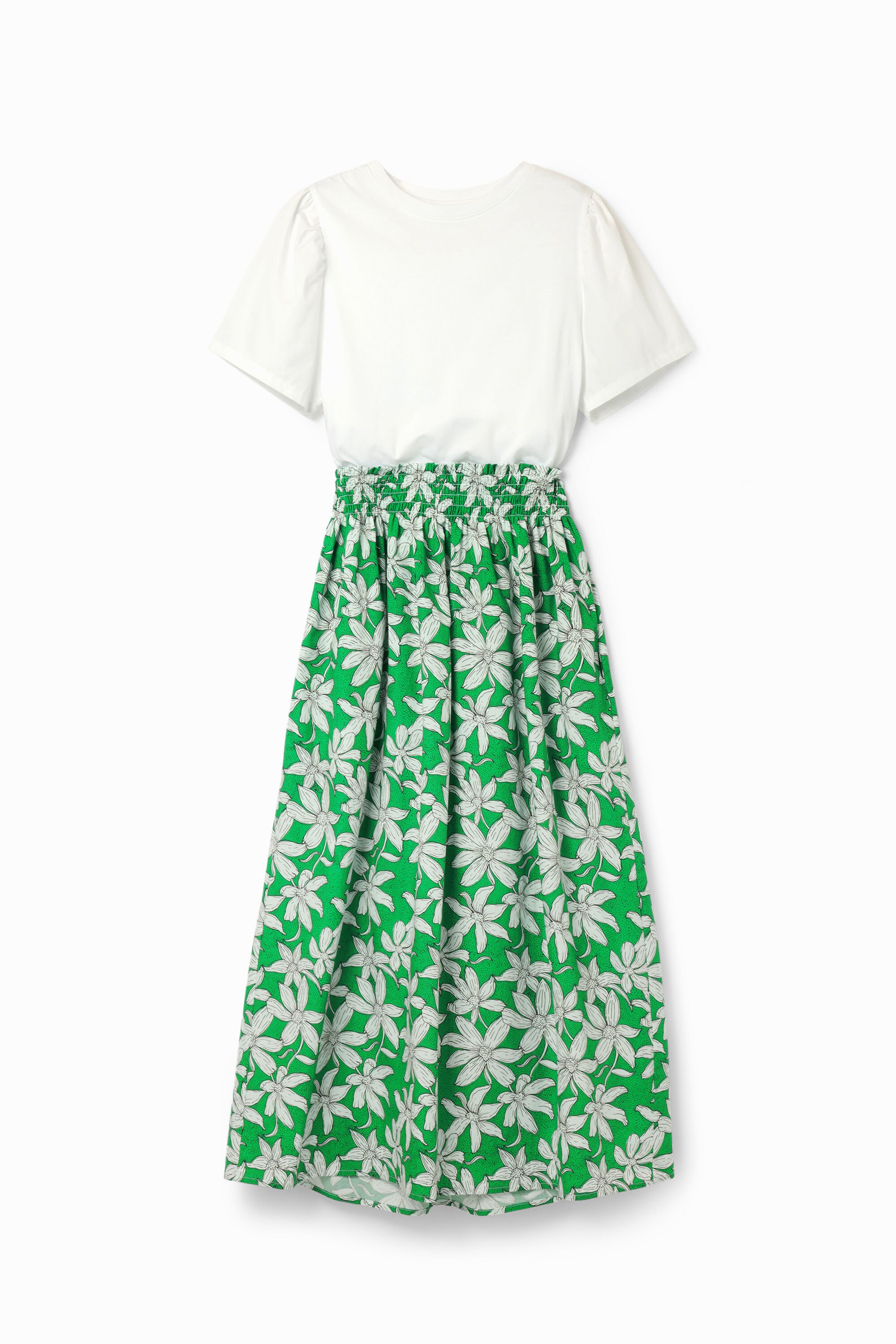 Desigual, Midikleid Kombi Blumen, Baumwolle, Weiß, XS