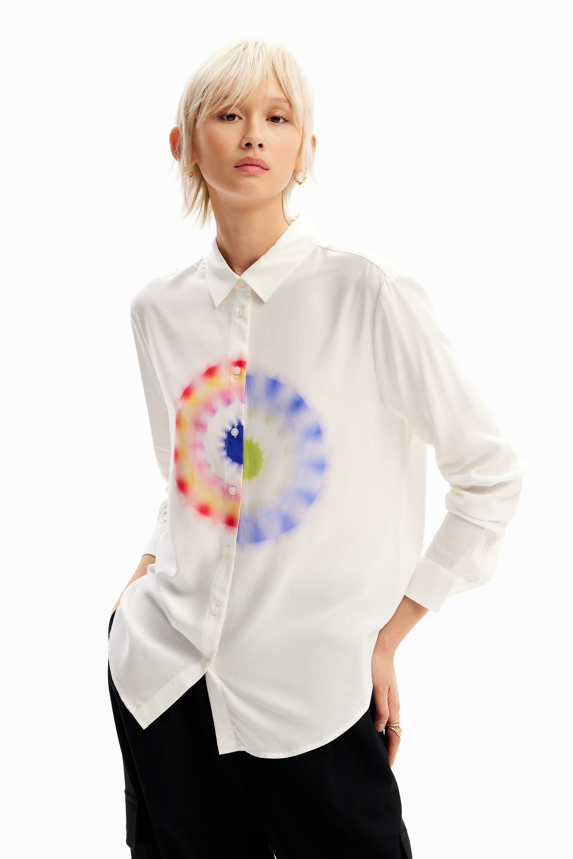 Shop Desigual Geometric Viscose Shirt In White