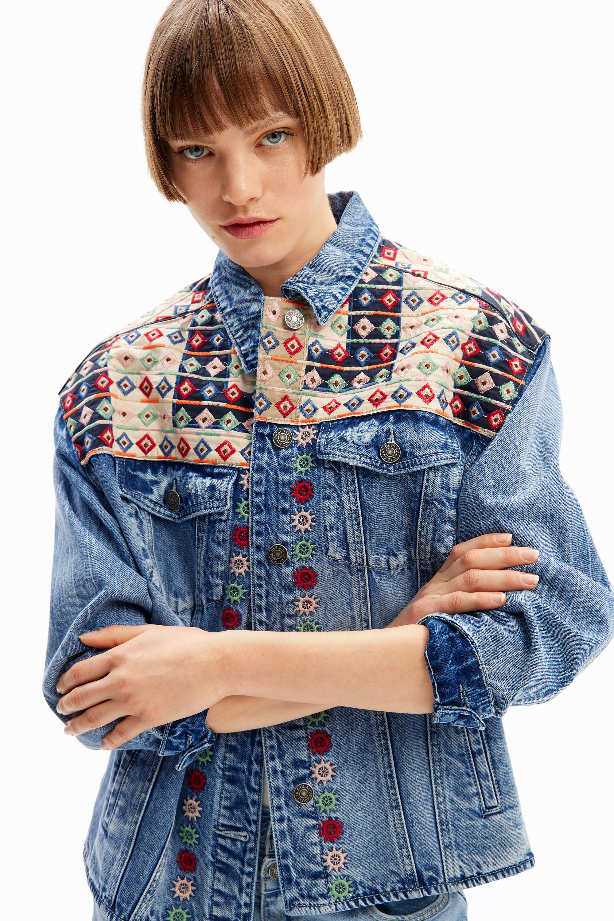 Embroidered denim trucker jacket
