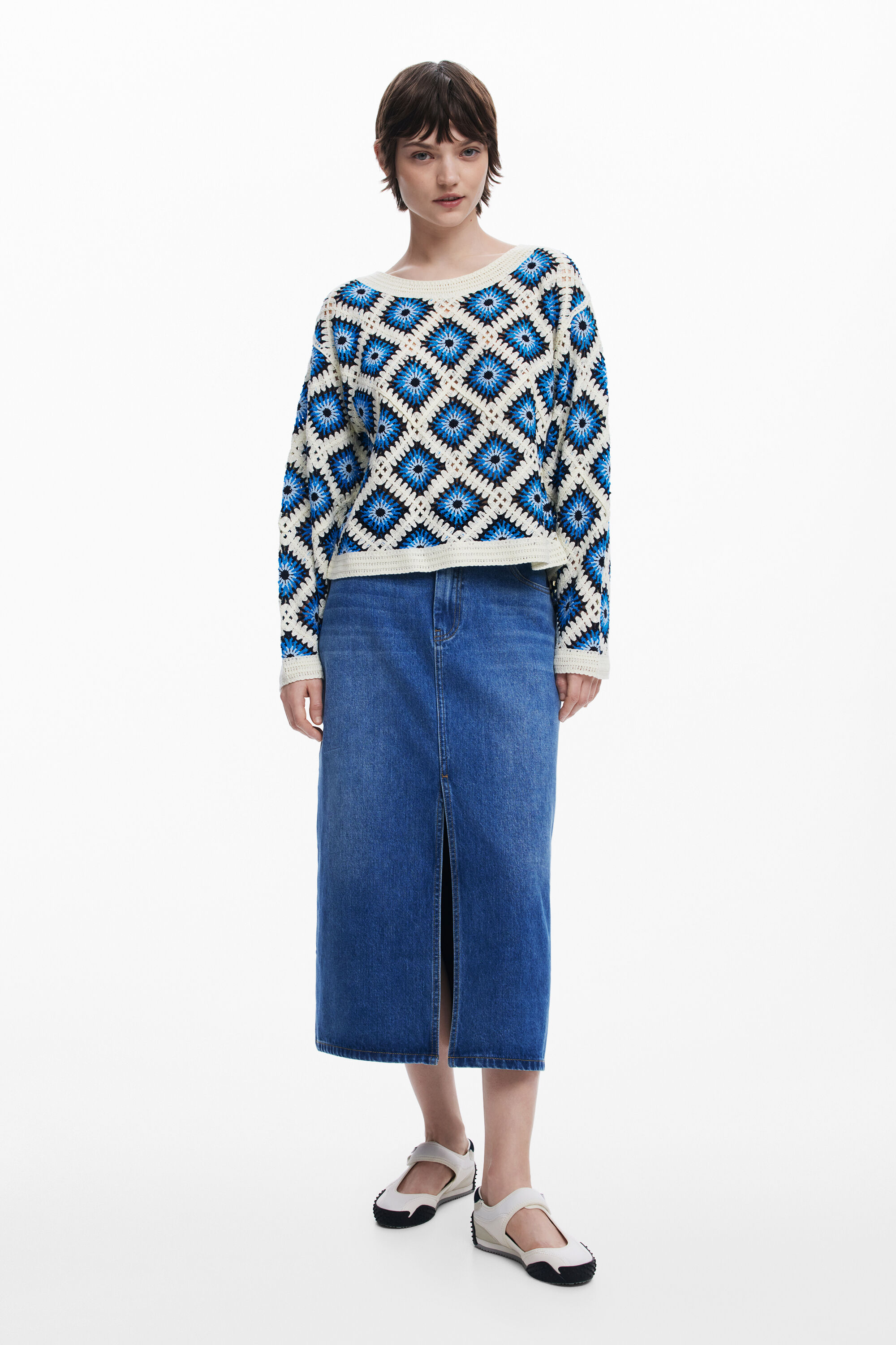 Desigual Multicolor Crochet Sweater In Material Finishes