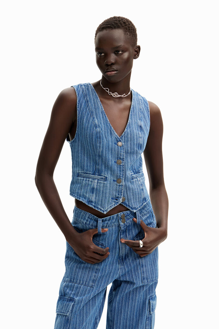 Chaleco denim de rayas con cierre de botón | Desigual