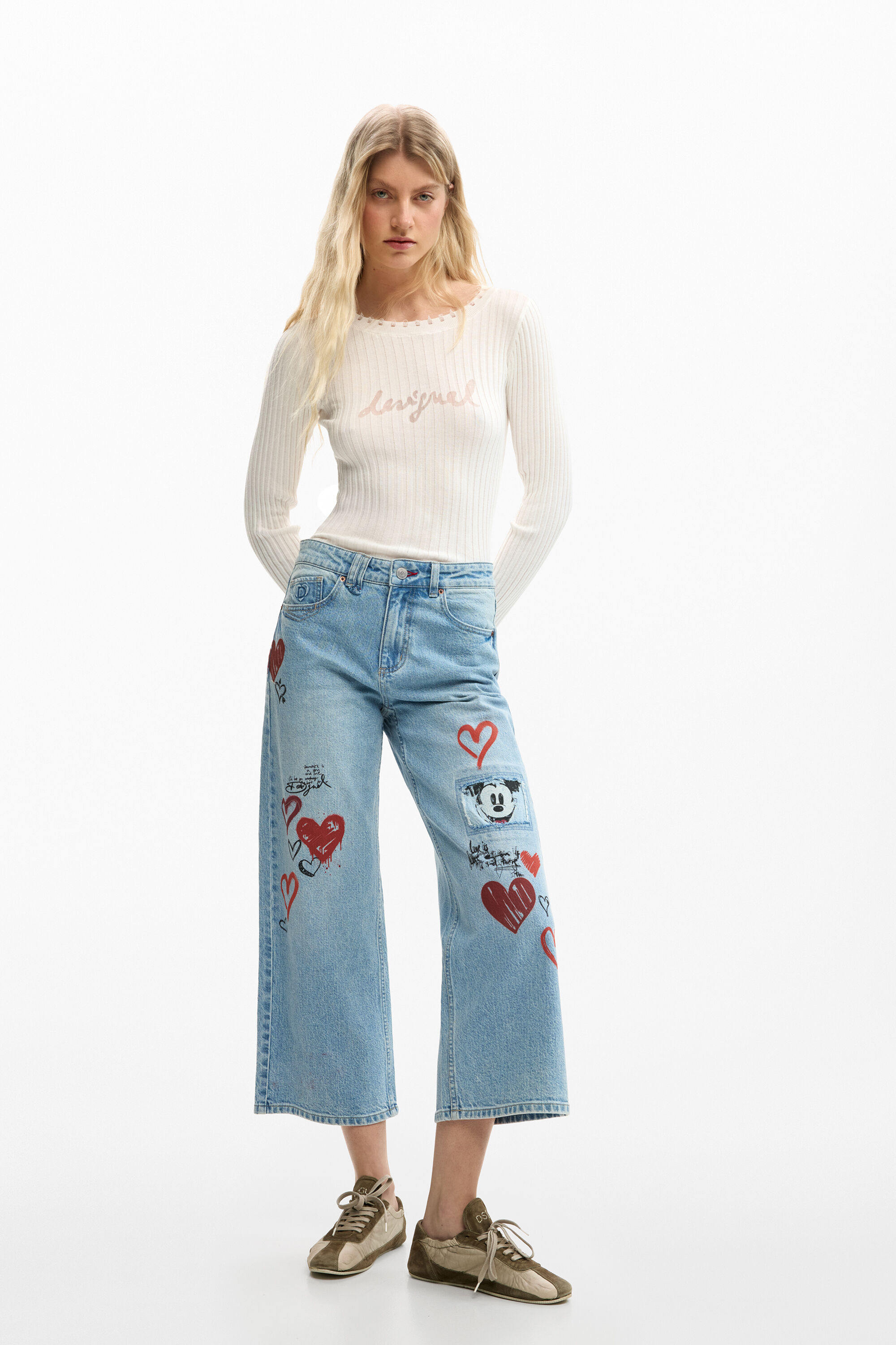 Desigual, Mickey Mouse™ Jeans mit Herzen, Damen, Baumwolle, Blau, 42