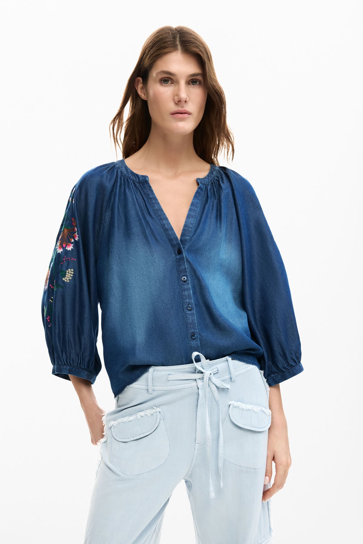刺繍入りパフスリーブブラウス 青 女性用 I Desigual.com