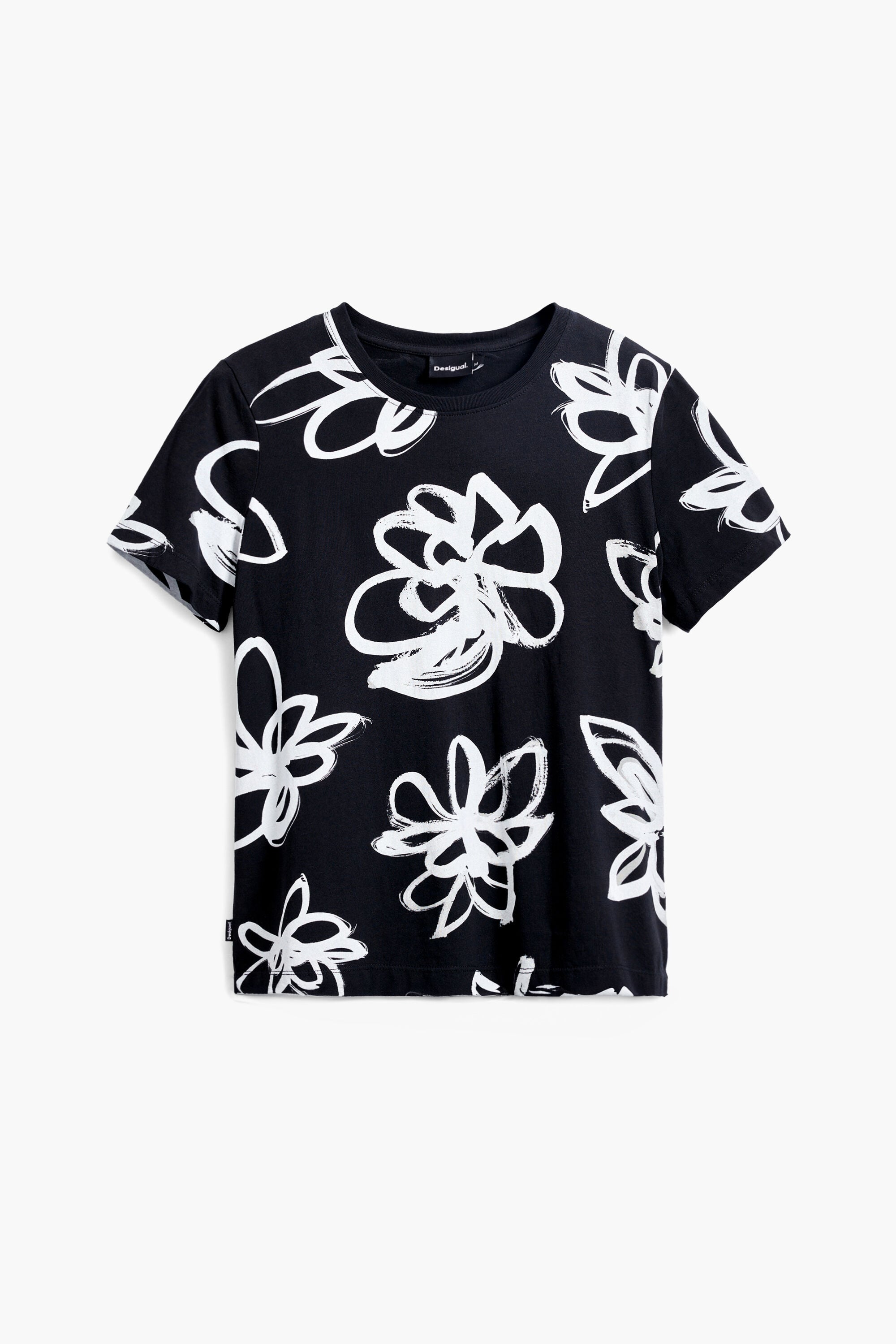 Camiseta flor grande, Algodon, Negro,