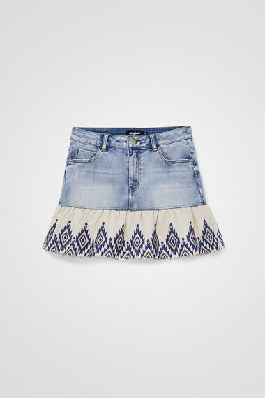 Dżinsowa spódnica mini z patchworkowym nadrukiem i falbankami
