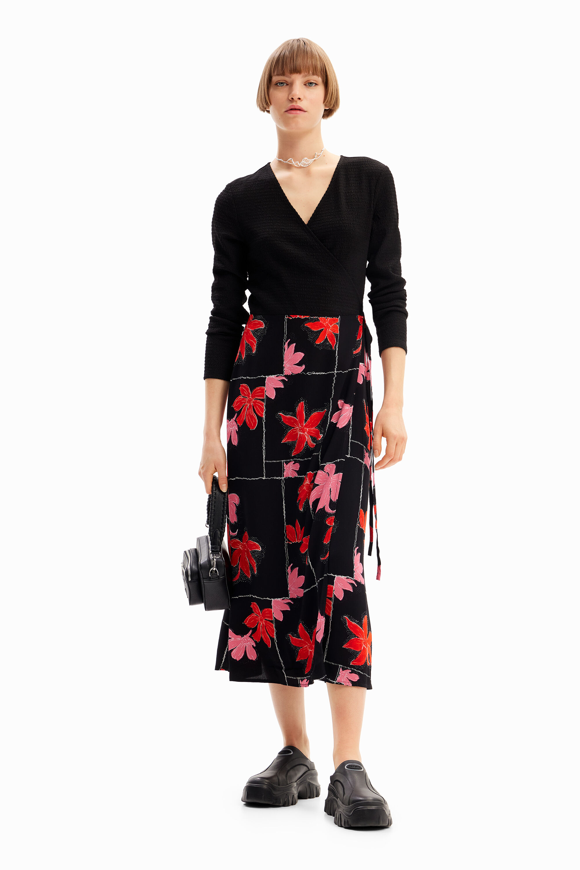 Floral wrap midi dress - BLACK - XL