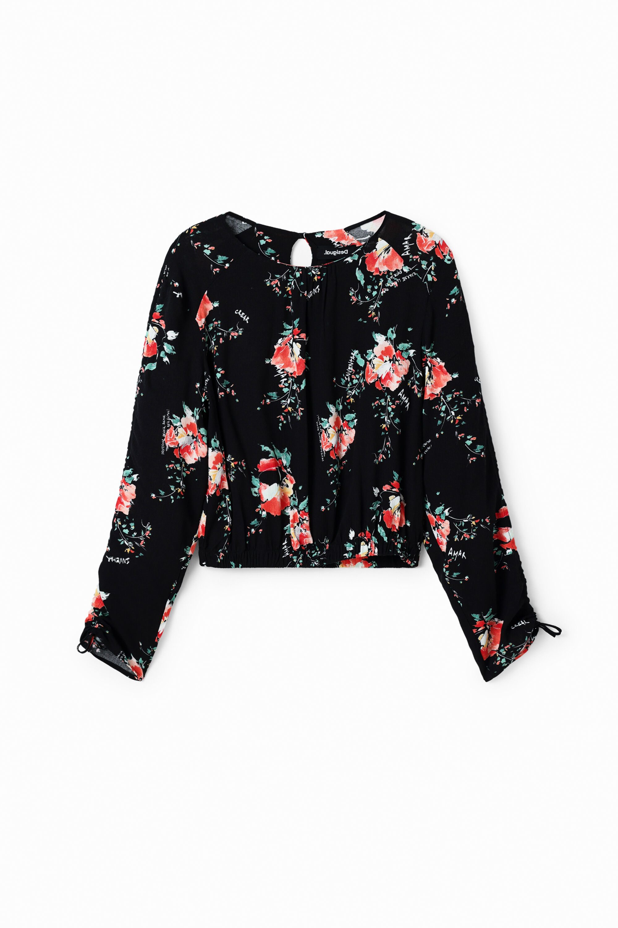 Adjustable-sleeve floral blouse - BLACK - XL