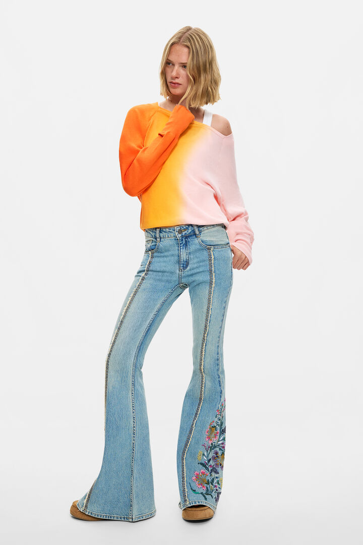 Jeans Trousers With Flower Topstitching | Desigual
