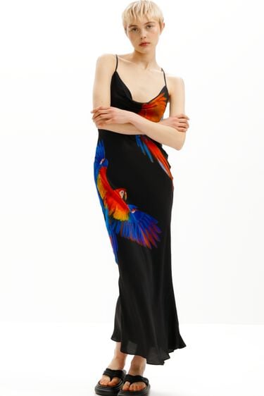 Tyler McGillivary Tropical parrot satin strappy dress | Desigual