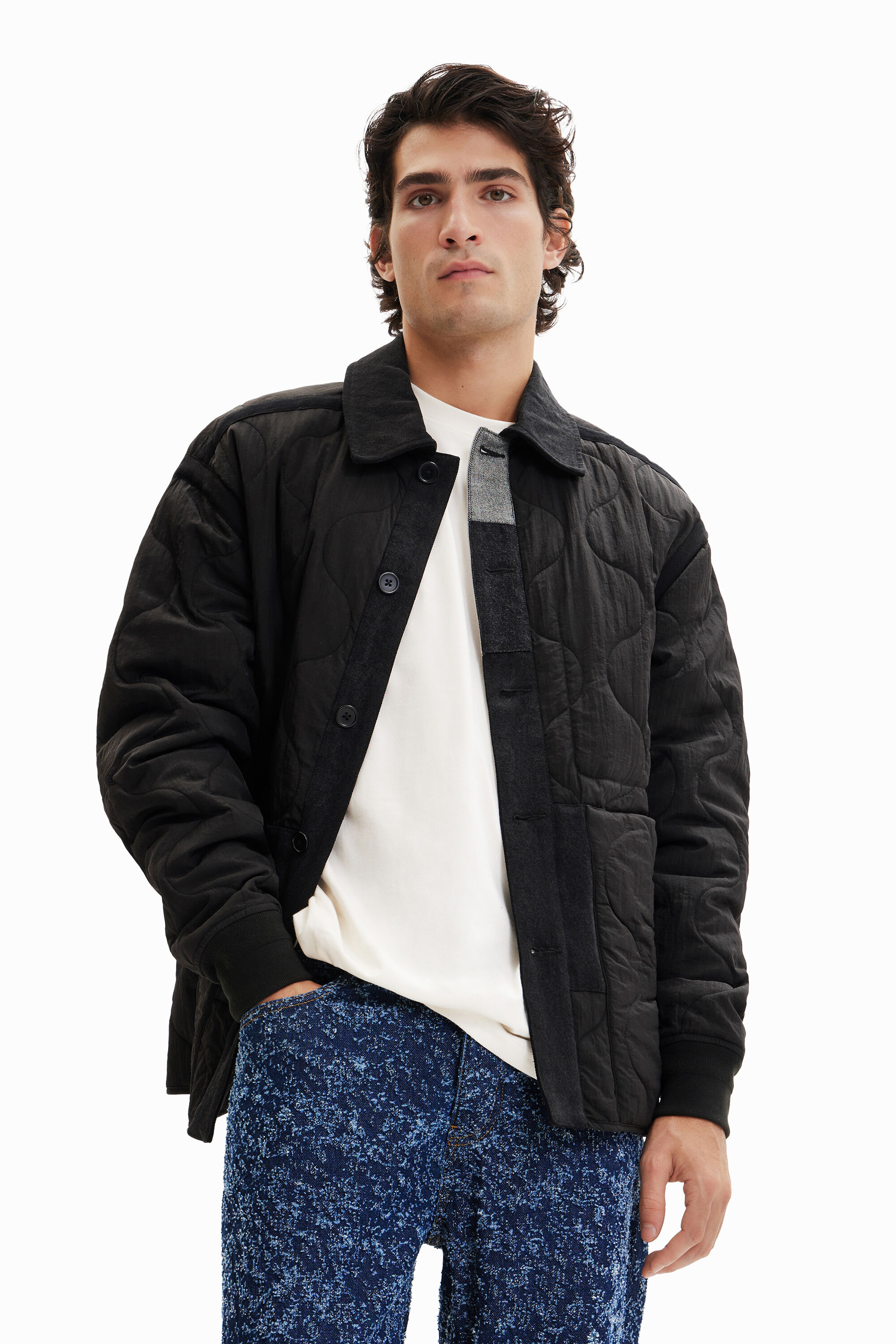 Desigual Patchwork Quilted Overshirt In Black
