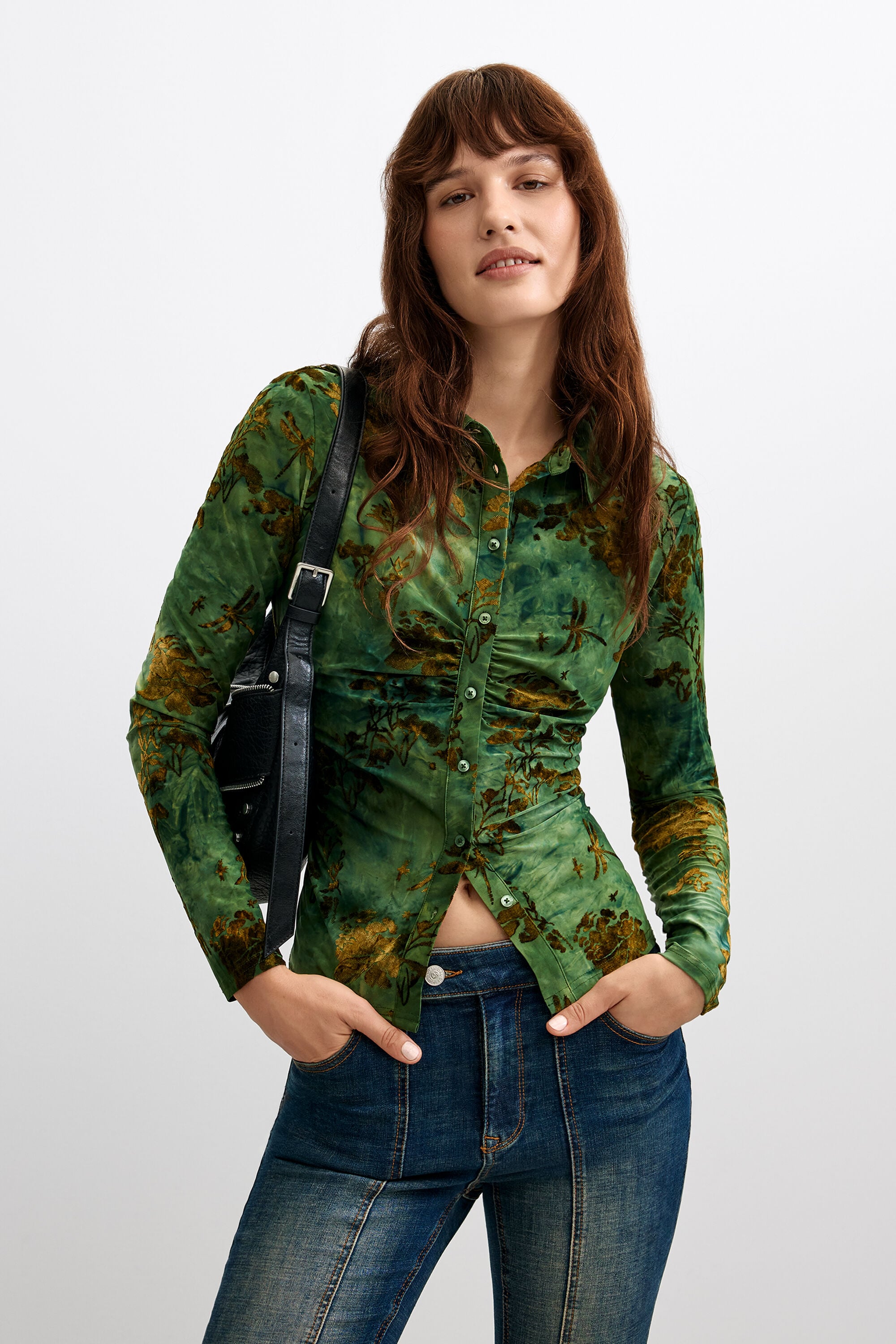 Geflockte blouse - GREEN - M