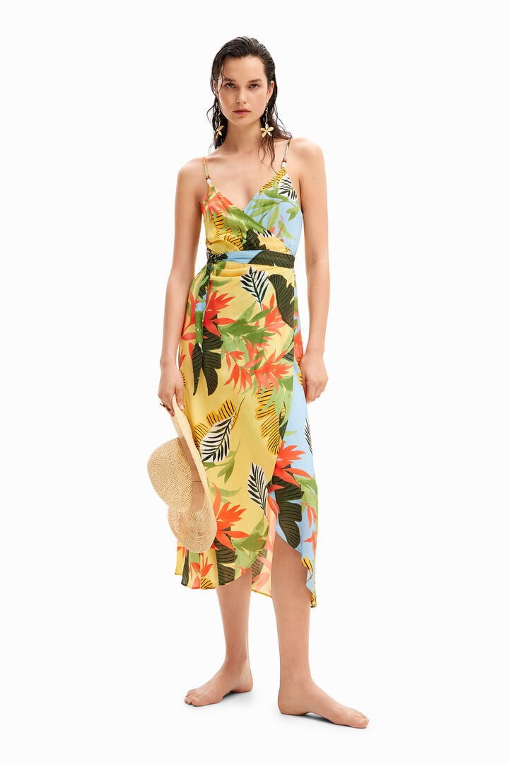 Sukienka midi kopertowa w tropikalny deseń
