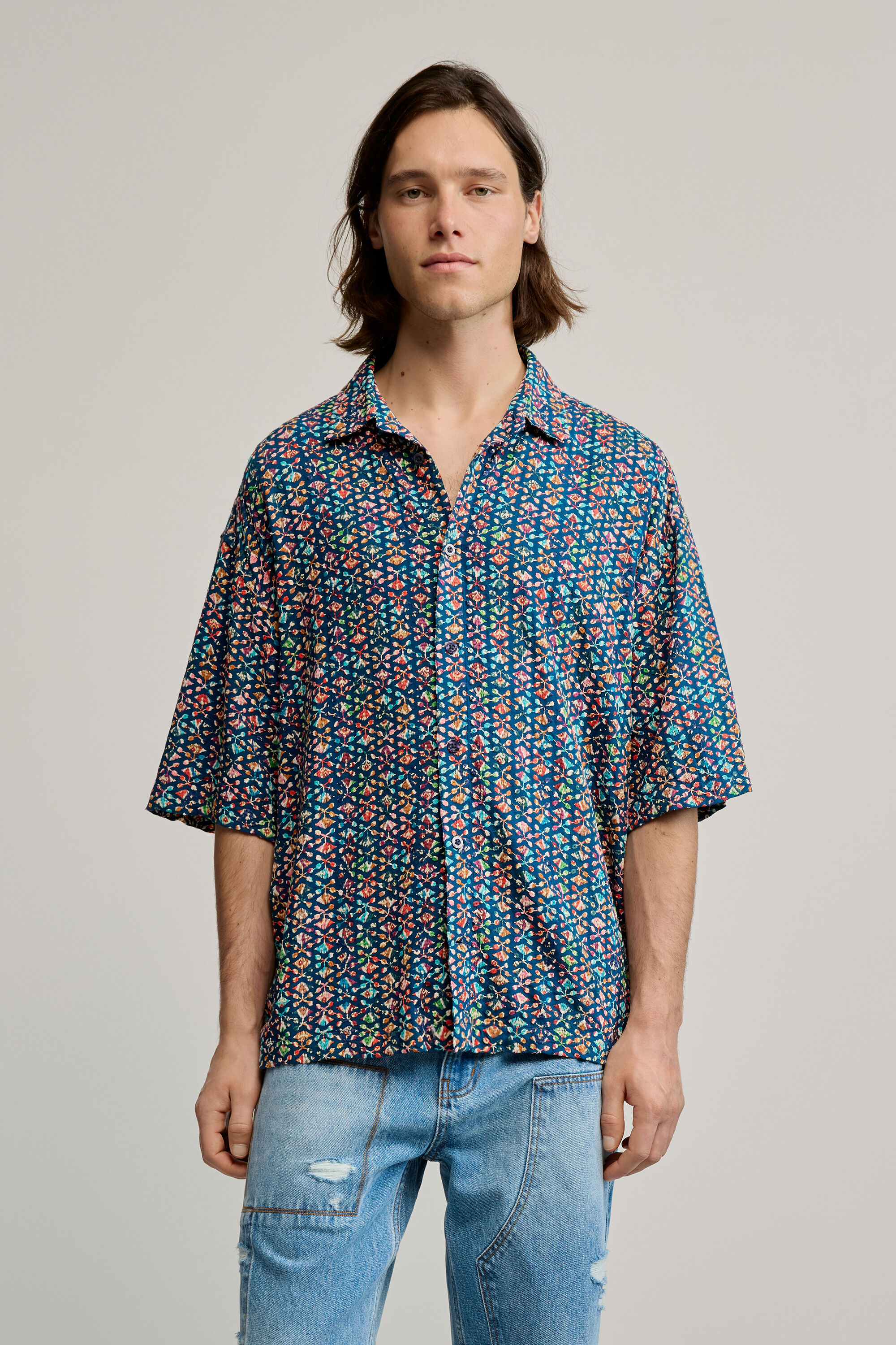 Desigual, Kurzarmhemd mit ethnischen Stickereien, Herren, Blau, XL