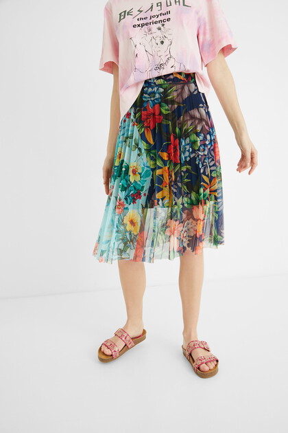 Pleated floral midi-skirt