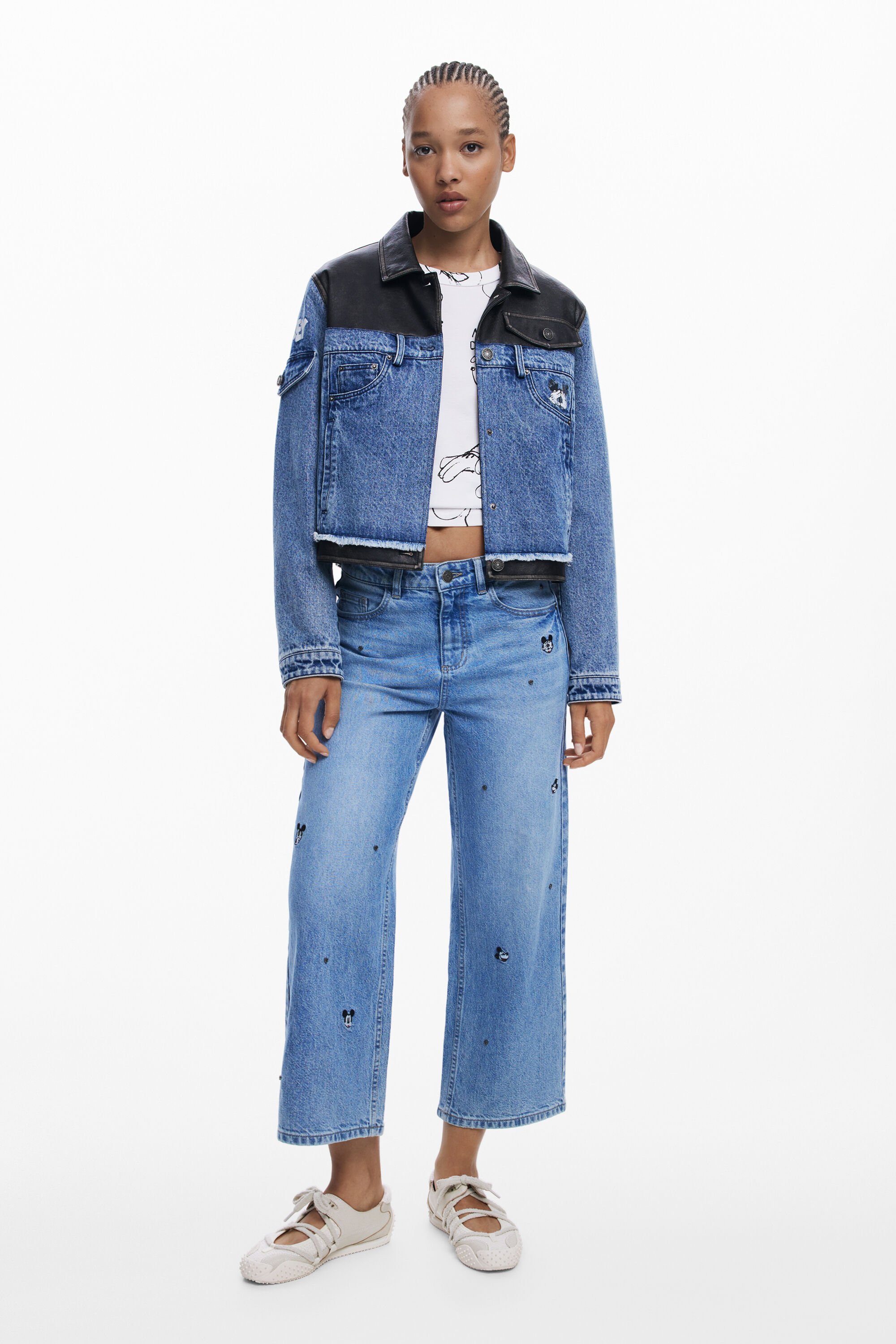 Desigual × Disney ハイブリッドデニムライダース M 極美品 Desigual｜ミッキーマウス バックプリント デニムジャケット