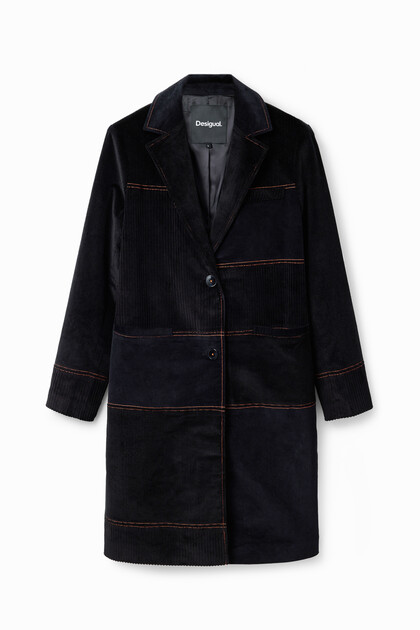 Long manteau patchwork velours côtelé