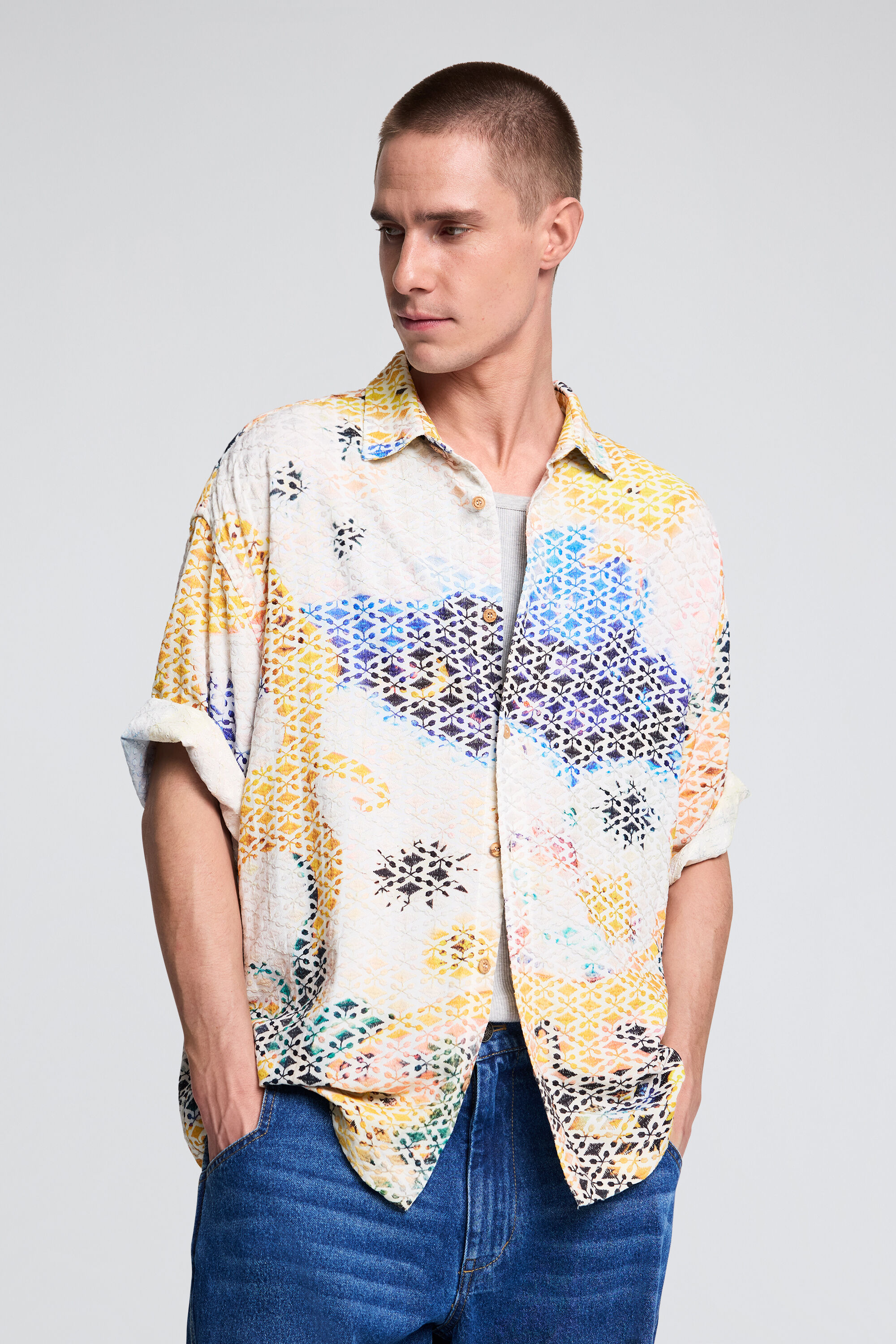 Desigual, Camisa estampada bordada, Branco, XS