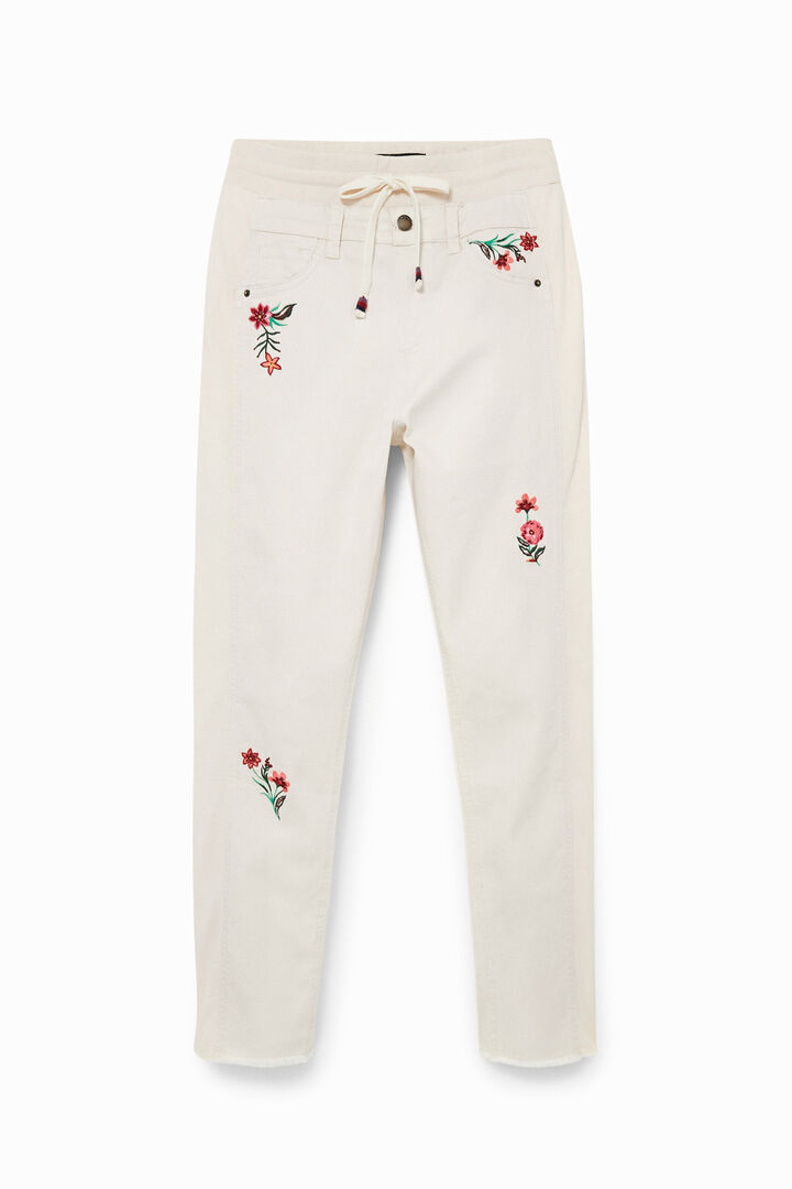 Denim joggingbroek met bloemen