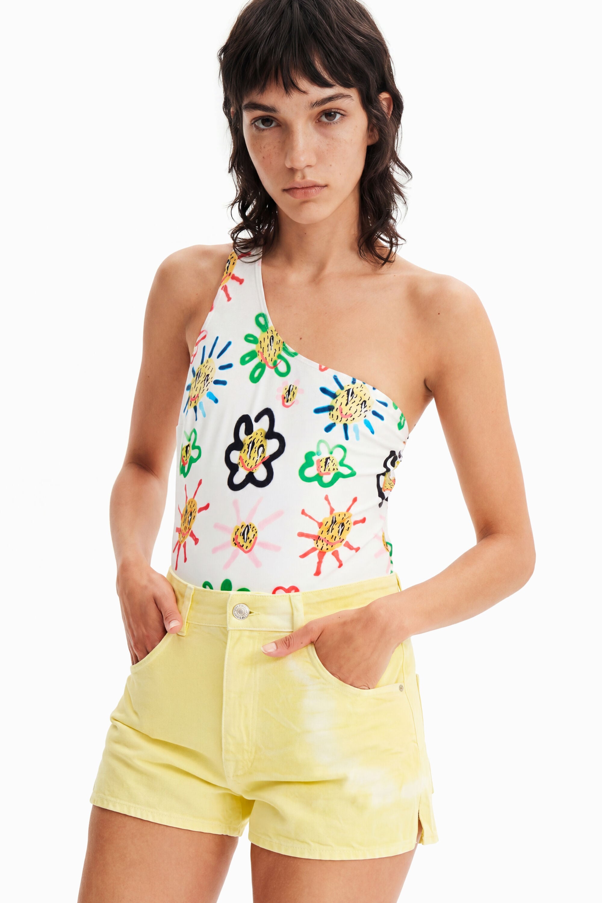 Desigual, Shorts vaqueros tie-dye, Algodon, Amarillo