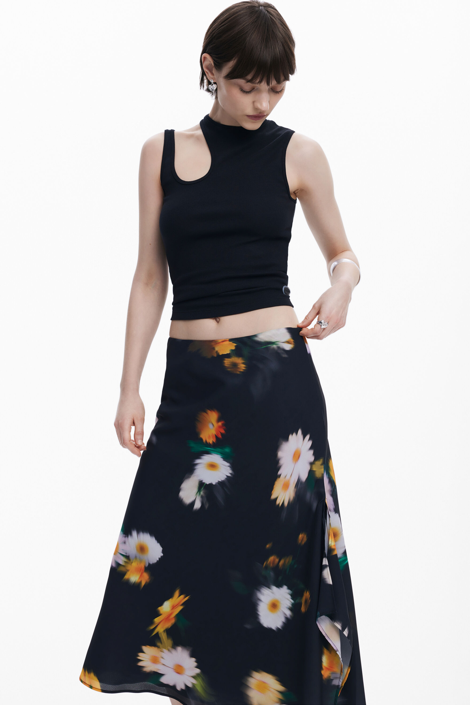 Desigual Blurred Floral Midi Skirt In Black