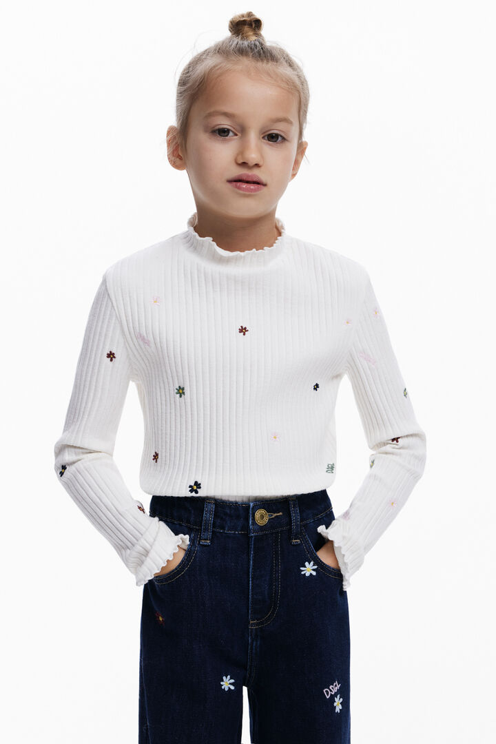 Geripptes T-Shirt mit Stickereien