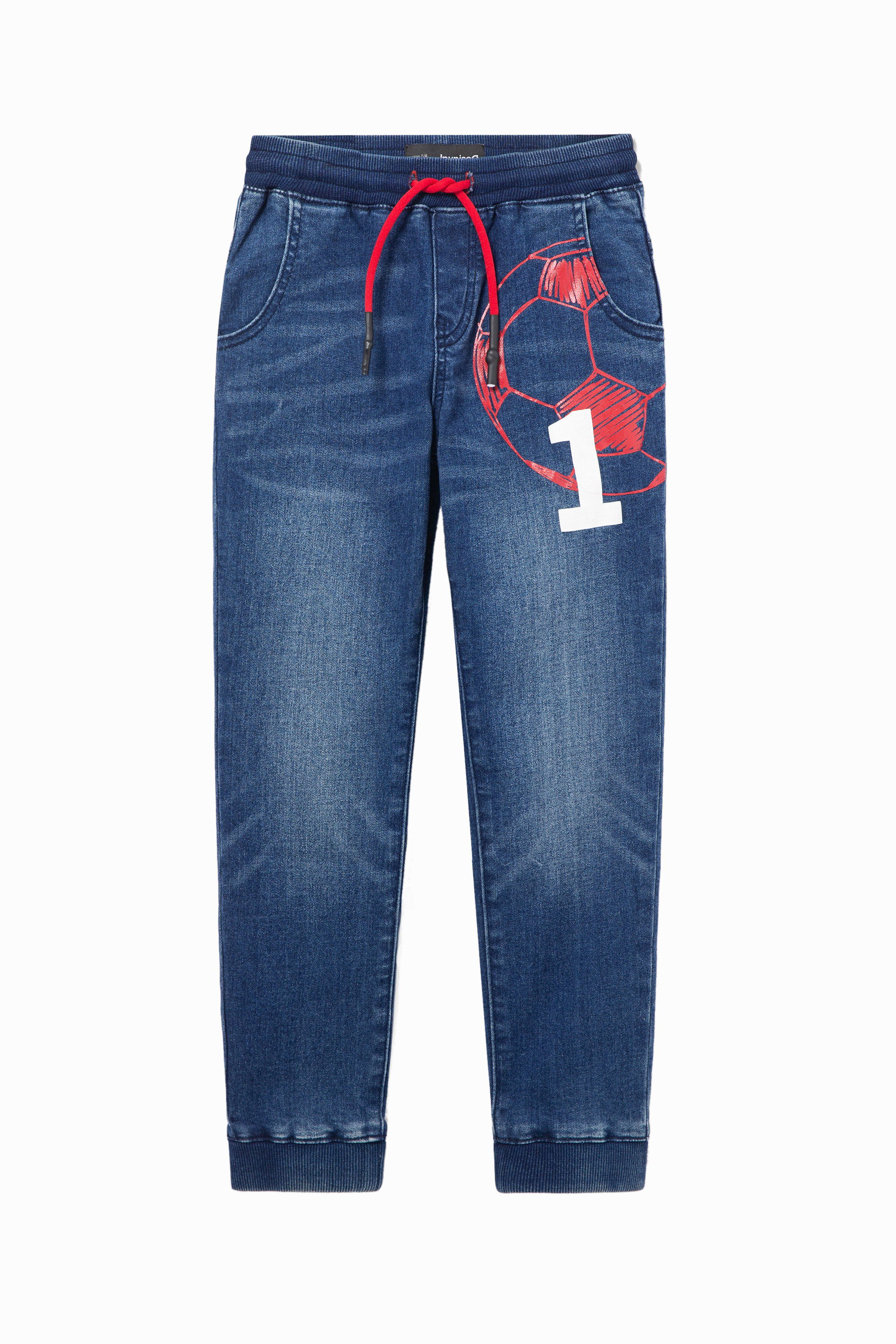 Printed denim jogger trousers