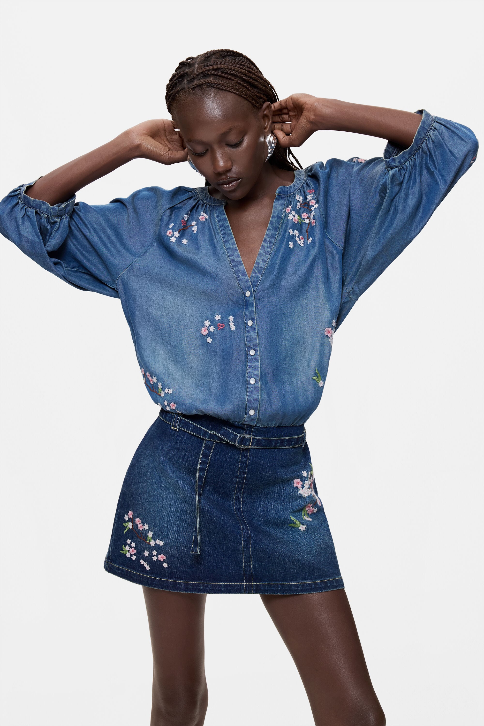Desigual Donna Blu Abito In Denim Ricamato Extra Piccolo