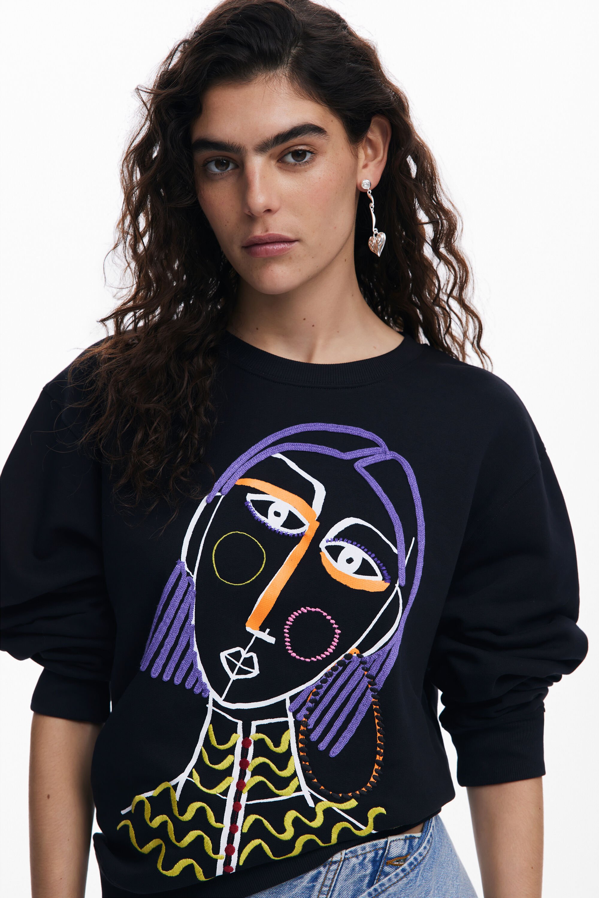 Desigual Embroidered Face Design Cotton Sweatshirt In Black