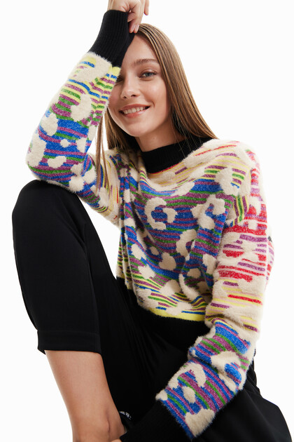 Črtast pulover z leopardjim vzorcem
