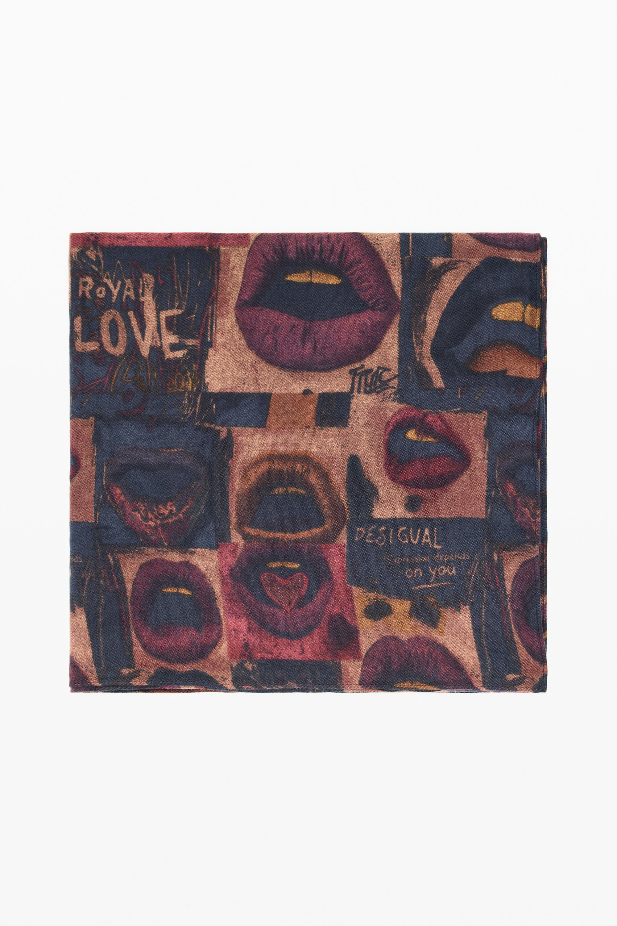 Desigual, Rechteckiger foulard mit lippenmuster, Viskose, Braun, U