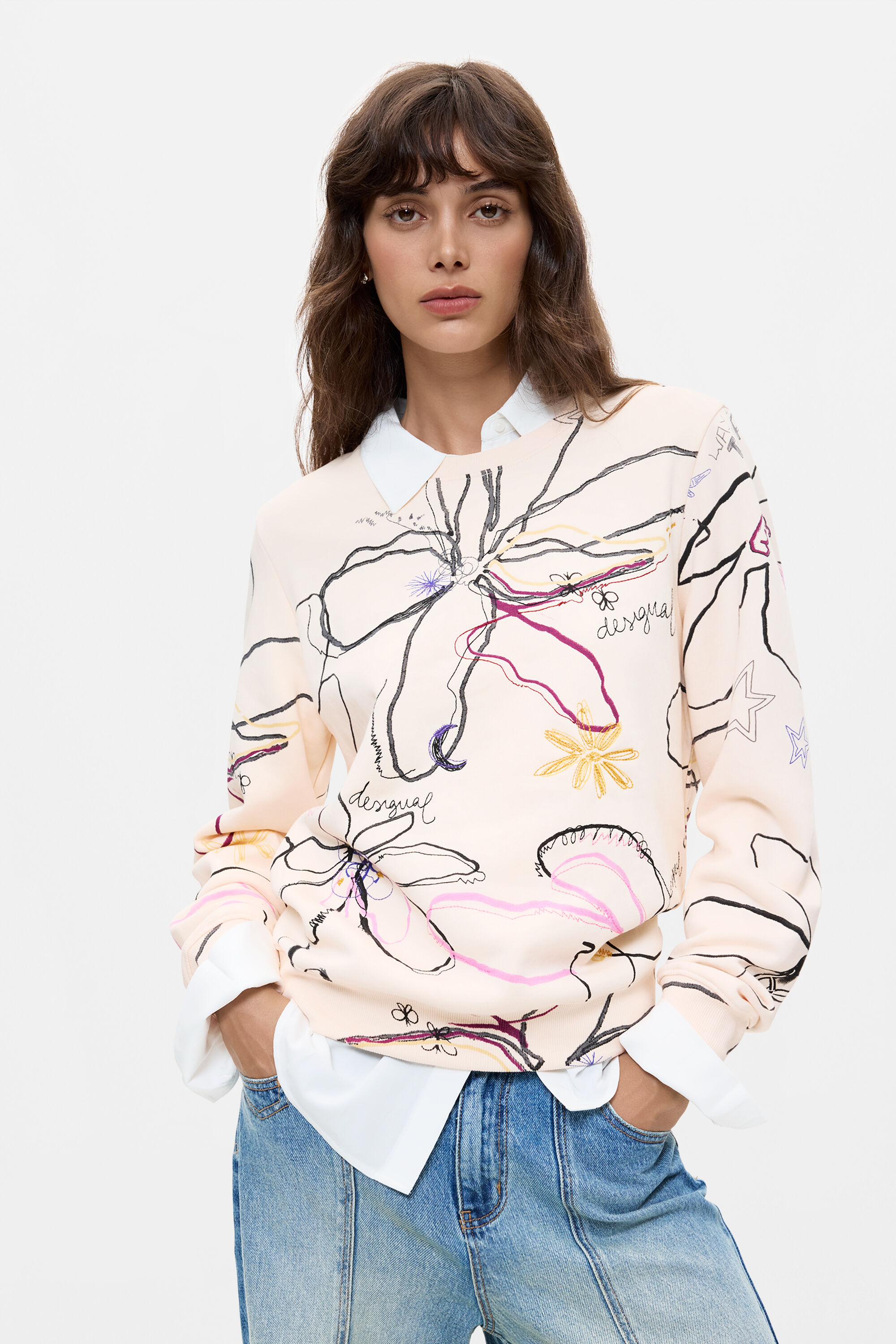Desigual, Sudadera Estampado Floral 100% Algodón, Mujer, Algodon, Blanco, L