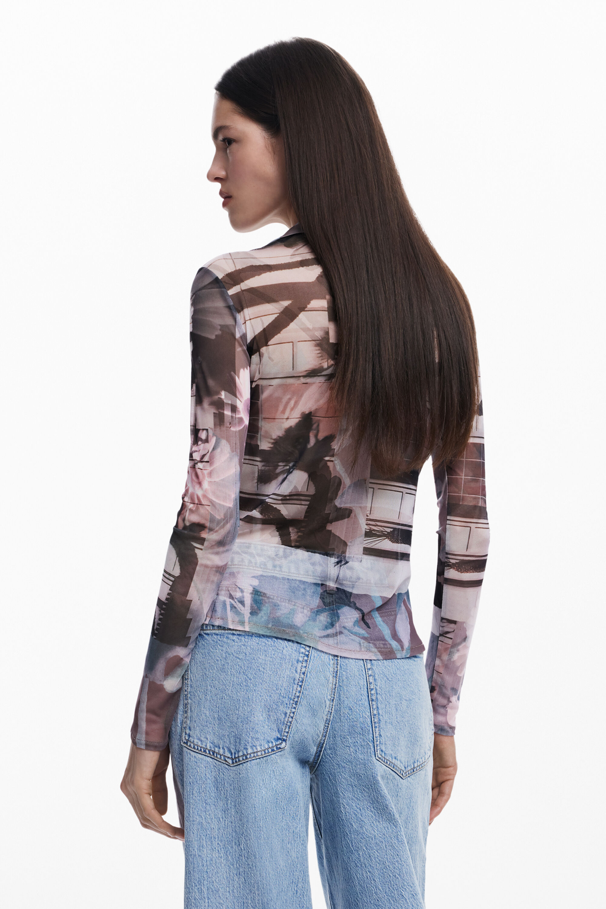 【SALE】　desigual 　アートプリントパワーネットシャツ　25SWTKA1 Buttoned tulle T-shirt Women's I Desigual.com