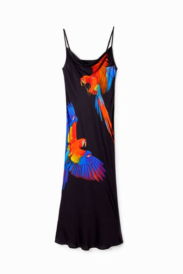 Satijnen jurk met schouderbandjes en tropische papegaaien Tyler McGillivary | Desigual