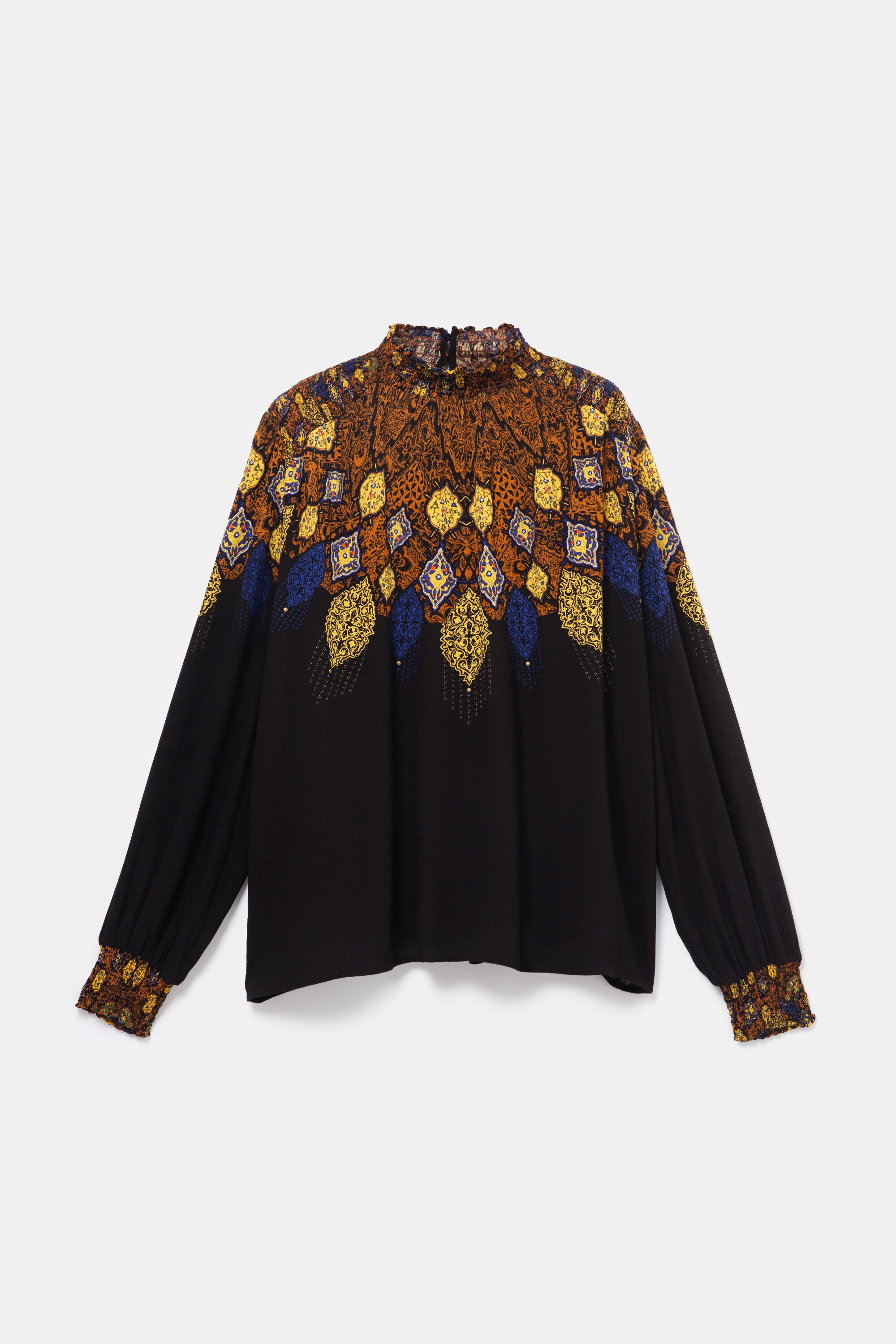 Viskose-Bluse mit hohem, gerafftem Kragen
