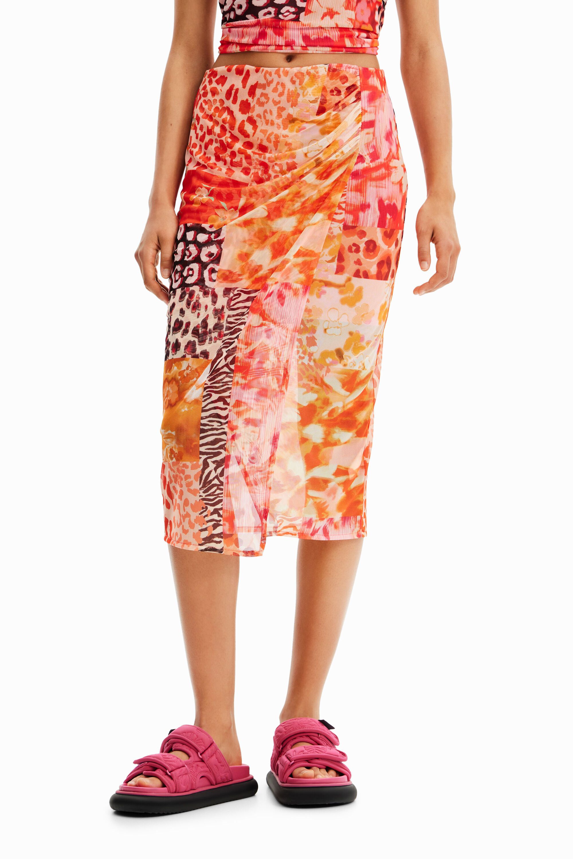 Shop Desigual Tulle Patchwork Midi Skirt In Orange