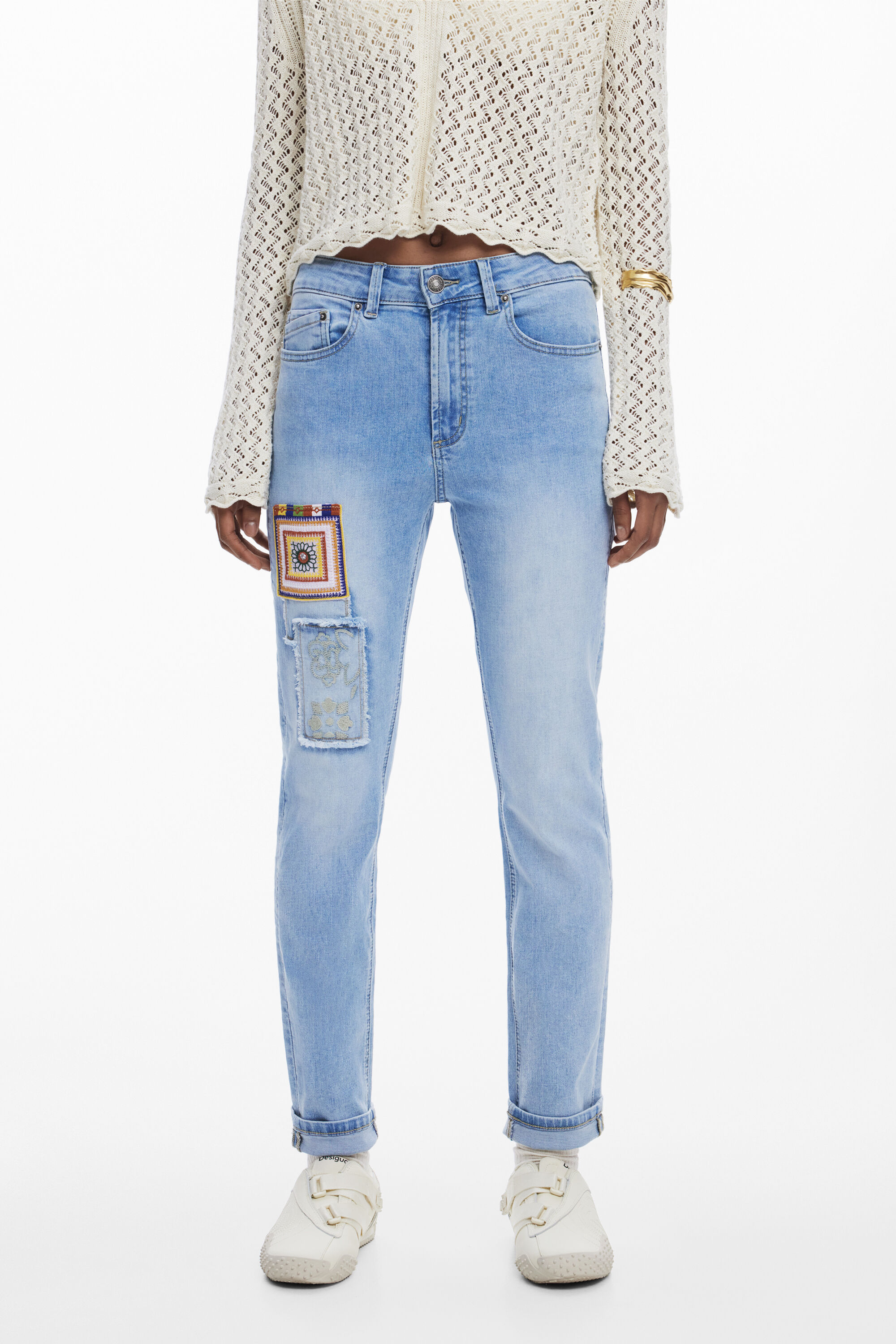 Desigual Slim Jeans With Patches In Blue