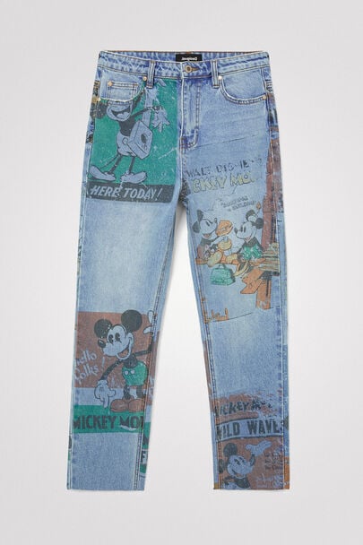 Spodnie dżinsowe o krótszym kroju z prostymi nogawkami i nadrukiem z Myszką Miki