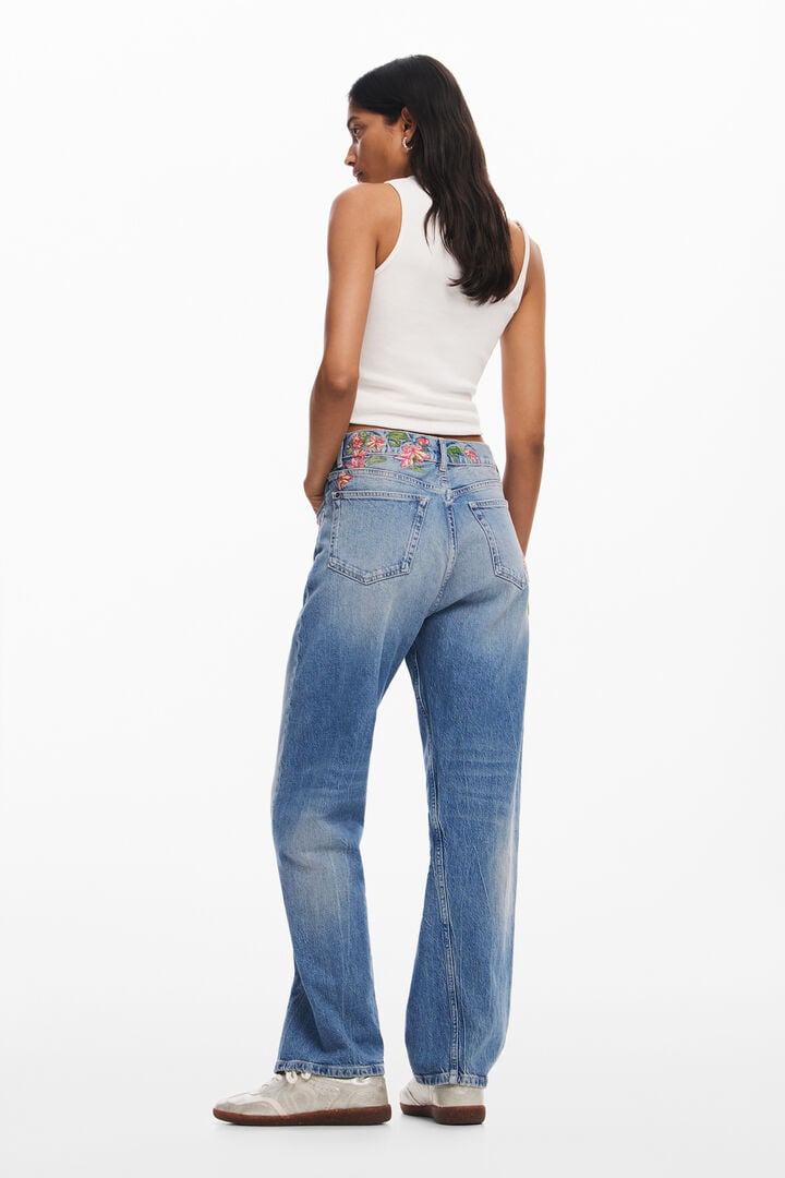 Long denim pants with flowers | Desigual