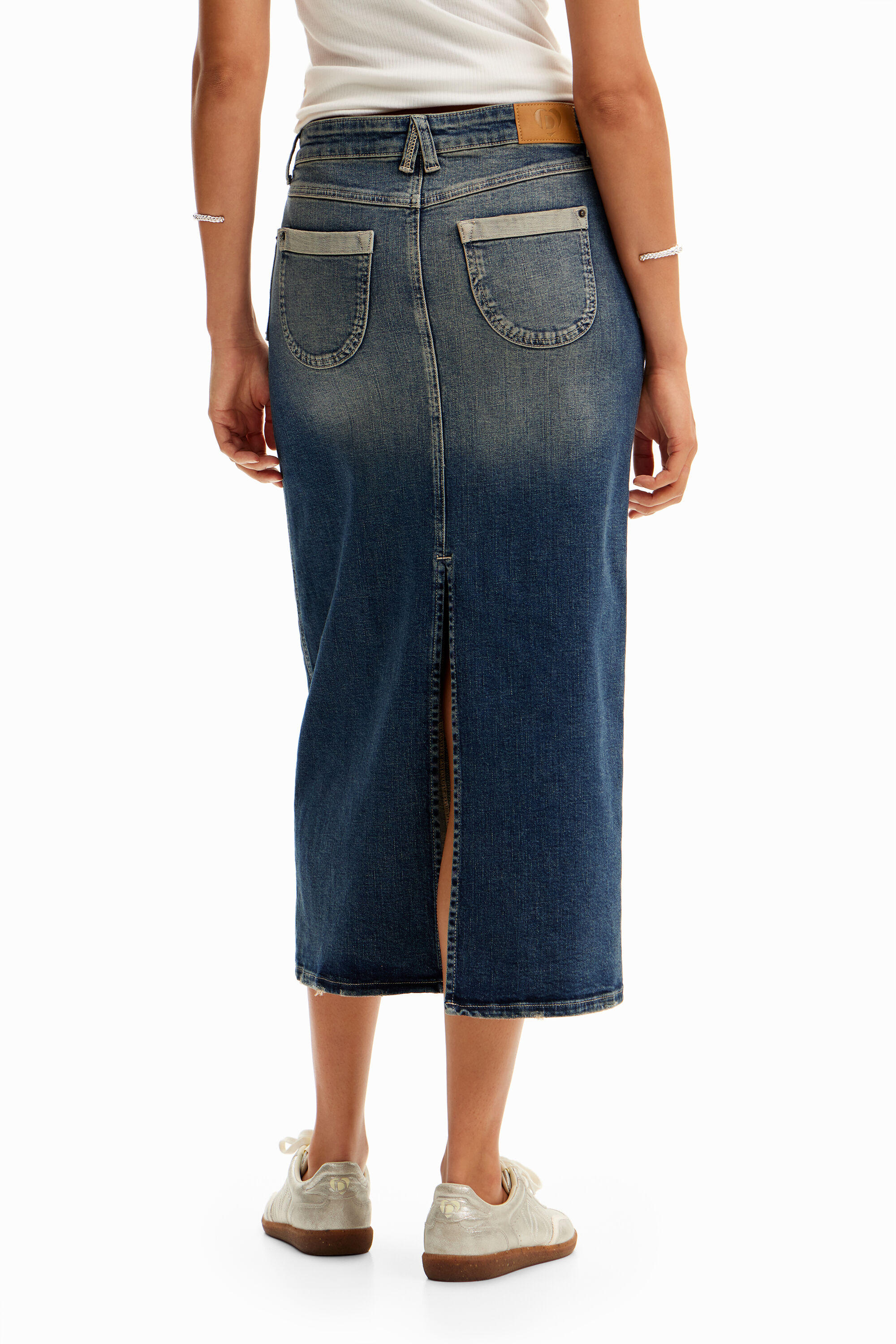 Shop Desigual Denim Midi Skirt In Blue