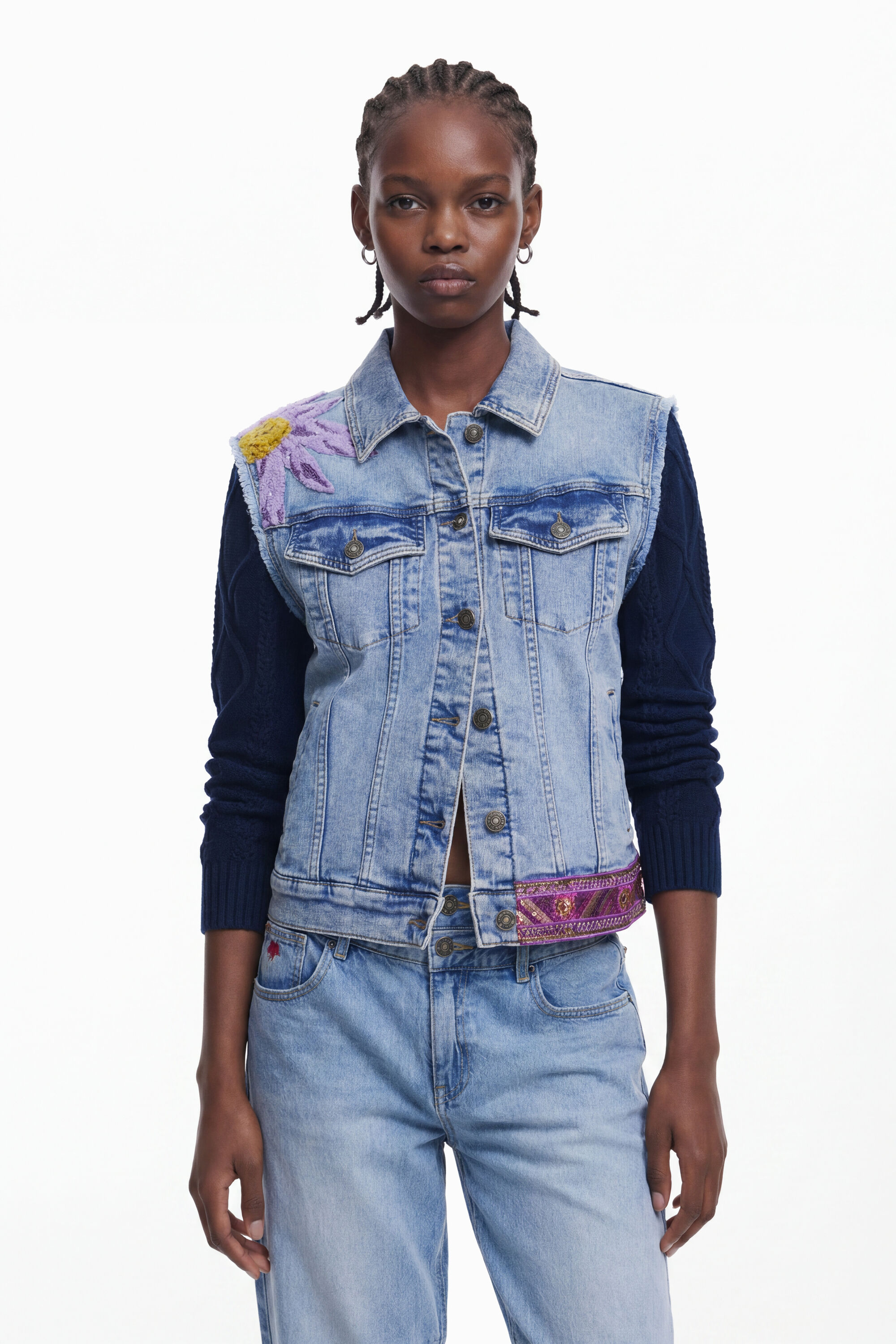 Desigual, Chaqueta Trucker combinada flor, Algodon, Azul